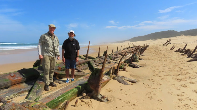 An almost complete hull of an approximatly 70m long ship was found at Cape Padrone near Kenton-On-Sea. From left, EL Museum principal scientist Kevin Cole and Charles Foster.