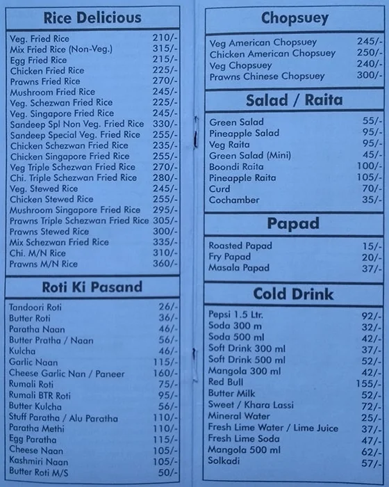 Sandeep Restaurant & Bar menu 