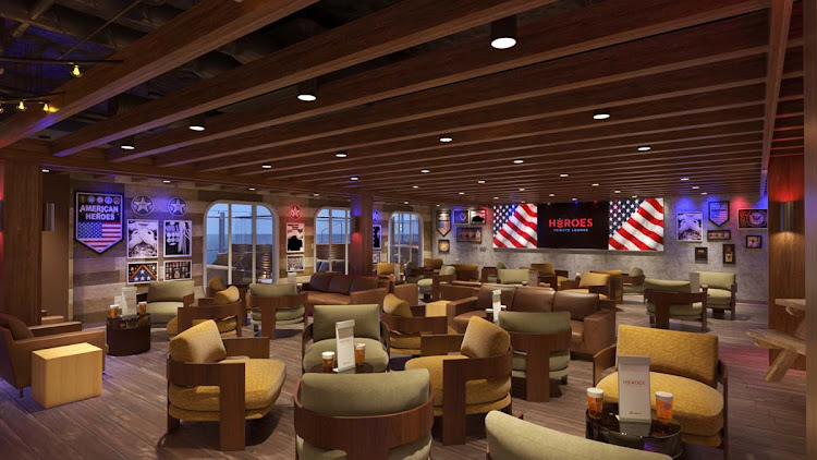 Carnival's newest bar concept, the Heroes Tribute Bar, features all-American decor with the logos of the five armed service branches of the U.S. military as well as patriotic and military memorabilia (rendering). 