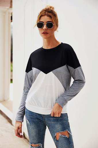 Title 4, Long-sleeved stitching contrast casual top, off...