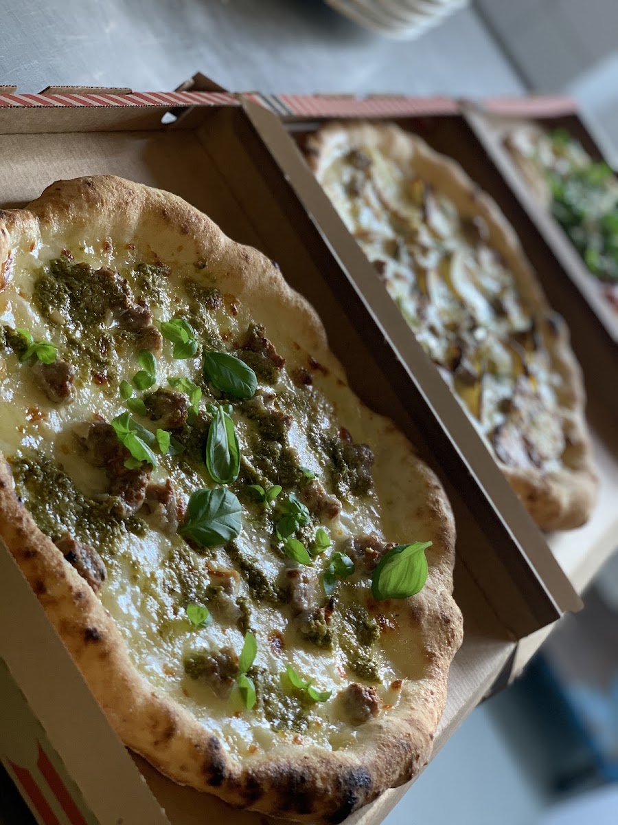 GF pizza with homemade pesto and homemade salsiccia