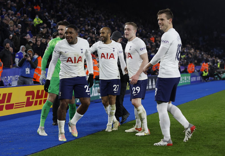 Tottenham Hotspur's Steven Bergwijn celebrates with teammates after scoring against Leicester City on Wednesday