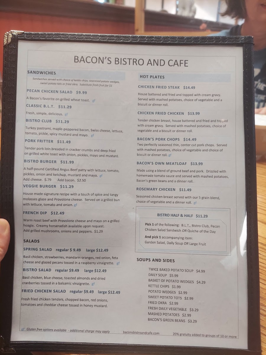 Bacon's Bistro and Cafe gluten-free menu