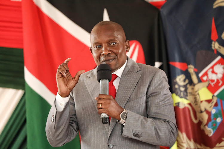 Interior Cabinet Secretary Kithure Kindiki speaking during a meeting with alcohol manufacturers at GSU Training School, Nairobi on March 12, 2024