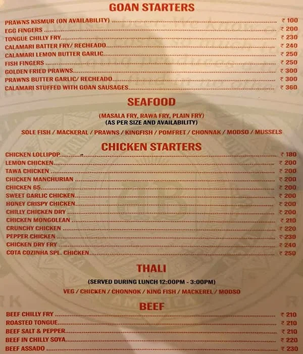 Cota Cozinha menu 