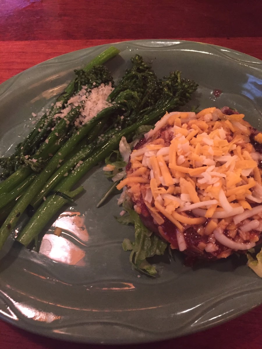 Hickory BBQ cheeseburger with side broccolini