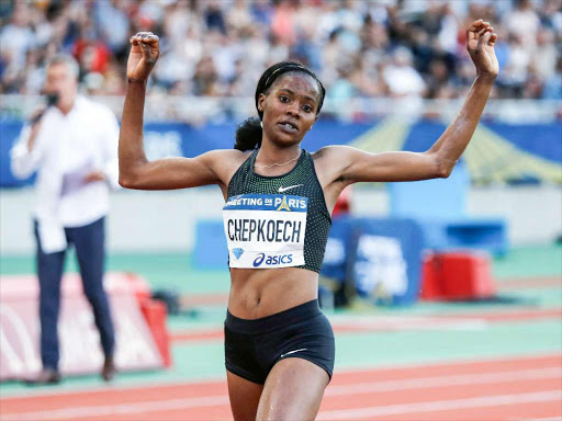 Kenya’s Beatrice Chepkoech celebrates after winning the women’s 3000m steeplechase during Diamond League , France June 30/ REUTERS