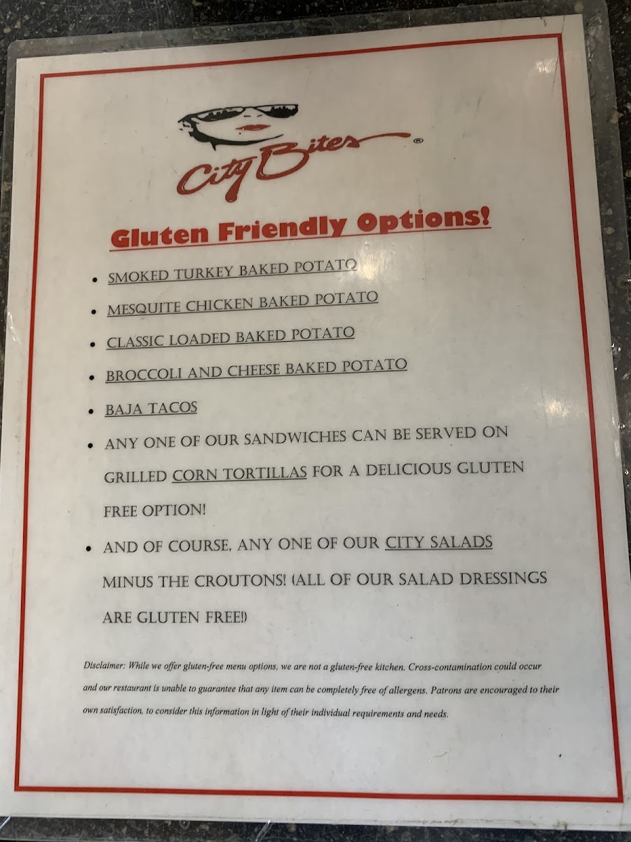 City Bites gluten-free menu