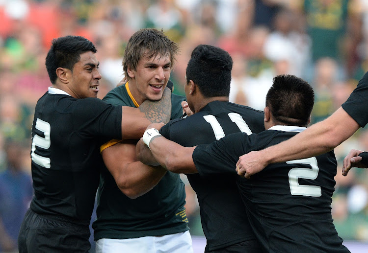 Eben Etzebeth has given the assurance there will be no letting up when the Boks play the All Blacks in London on Friday night. Here he squares off with four All Blacks including Julian Savea in the Rugby Championship match at Ellis Park in 2014 in Johannesburg.