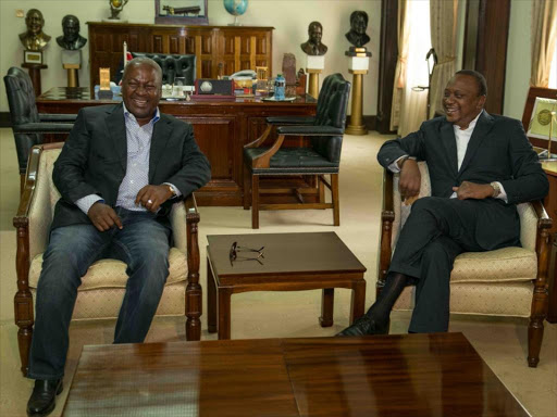 President Uhuru Kenyatta when he held talks with his Ghana counterpart John Mahama at State House, Nairobi, August 29. /PSCU