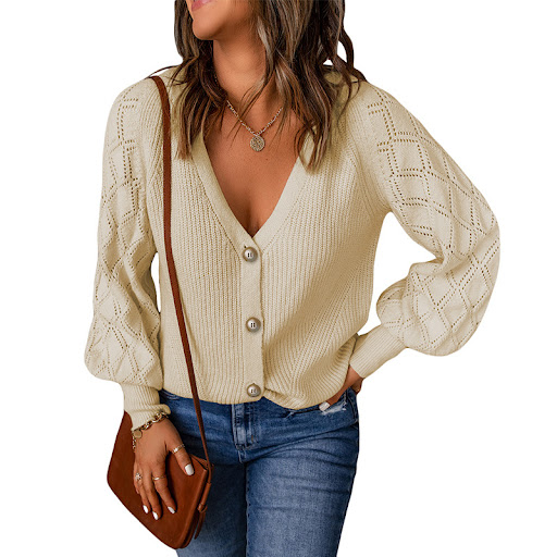 Title 7, Womens Solid Color Rhombus Puff Sleeve Knitted...