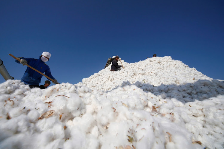 Farmers stack cotton at a cotton purchase station in China. Picture: CHINA STRINGER