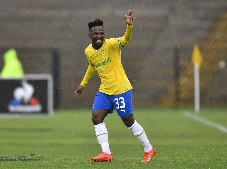 Cassius Mailula of Mamelodi Sundowns celebrate the goal during the DStv Premiership match against Stellenbosch FC at Danie Craven Stadium on March 05, 2023.