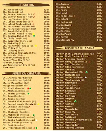 Shahi darbar Restaurant menu 