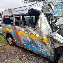 The 14 - seater - passenger matatu that got involved in a grisly accident along Nairobi - Mombasa highway at Mlima Kiu area in Salama, Makueni County on September 8, 2023.