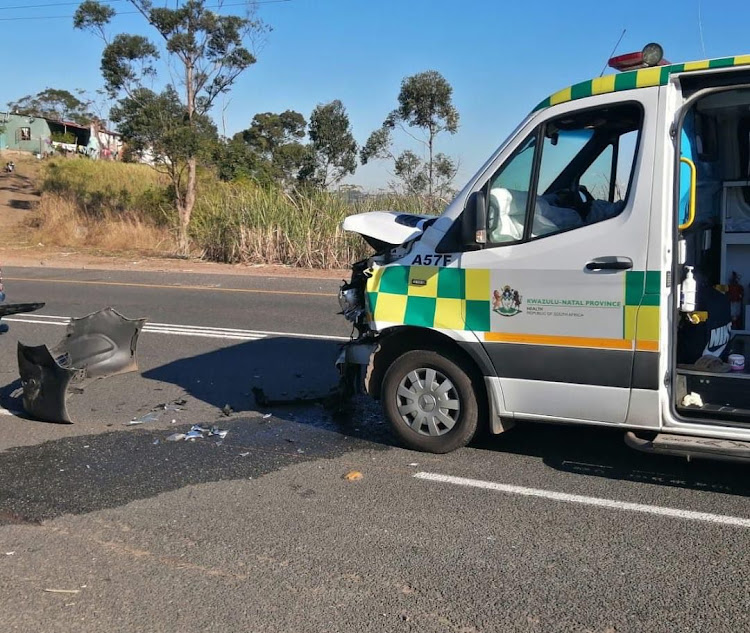 The scene of an accident between an ambulance and a bakkie in Verulam on Sunday.