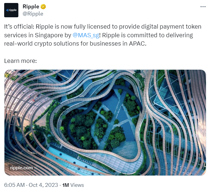 Tweet from Ripple Labs announcing the procurement of a full payments license in Singapore