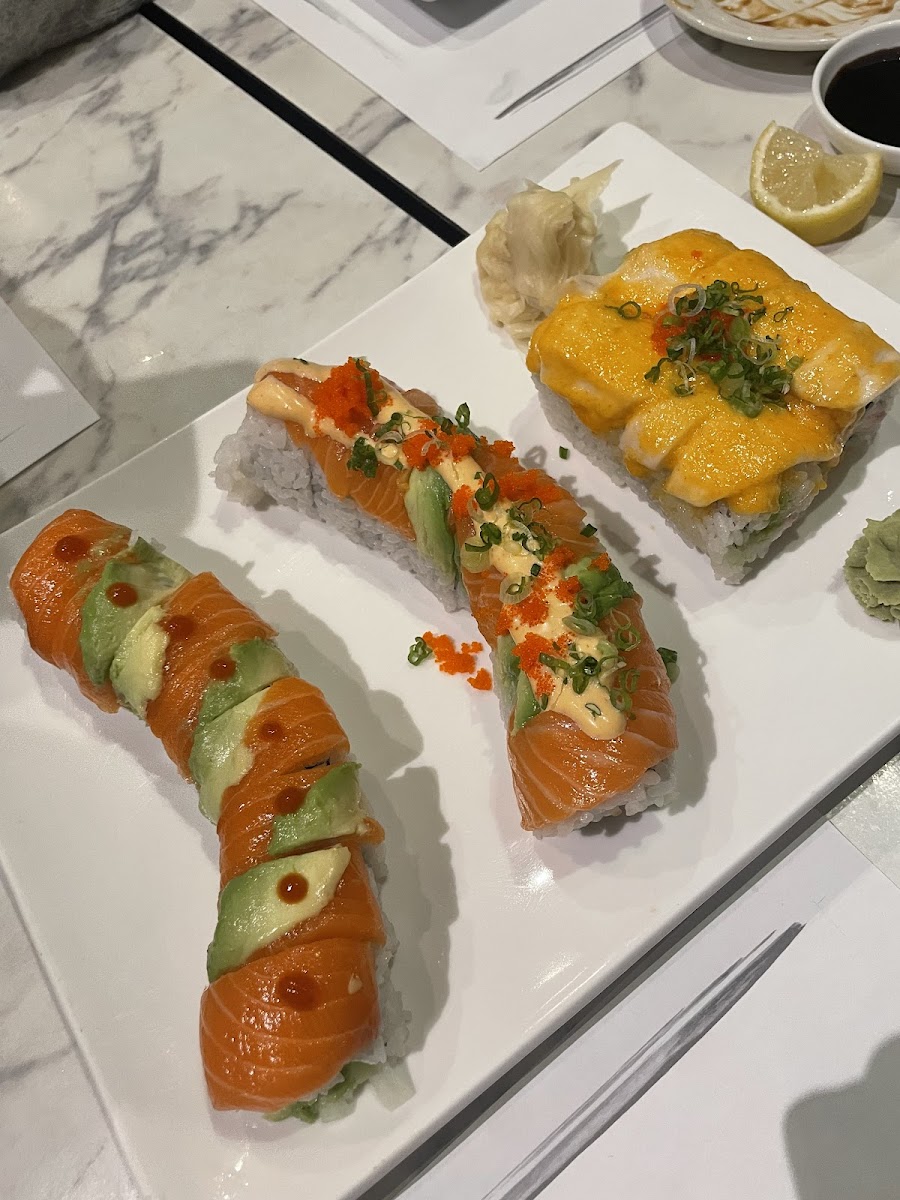 JP sushi rolls: Ramadan roll (spicy tuna), JP special roll (favorite, kind of warm), and the Dow Jones roll