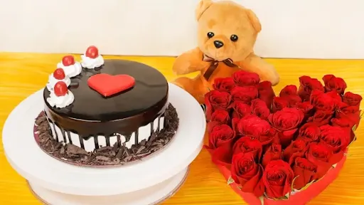 Chocolate Devine Cake With Heart Shape Rose And 1 Teddy Bear