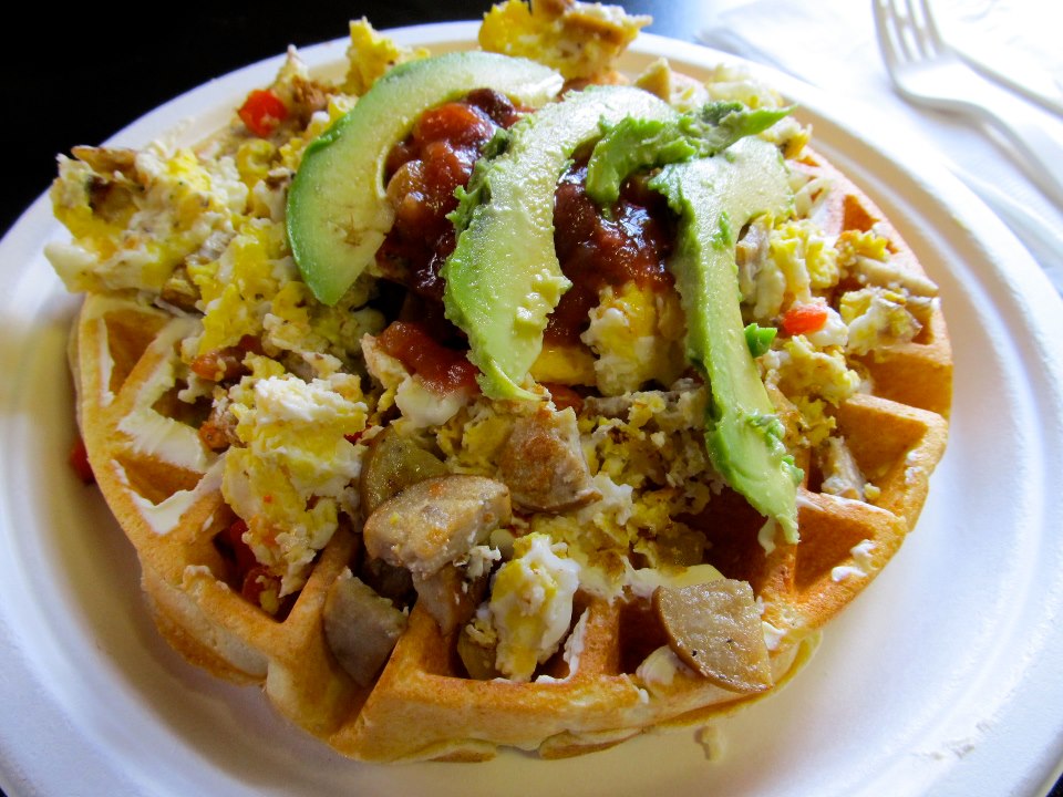 Waffles Rancheros GLUTEN FREE :SCRAMBELD EGGS,CHICKEN ITALIAN SAUSAGE,SAUTEED ONION,BELL PEPPER TOMATO SALSA