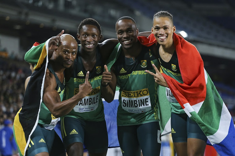 Simon Magakwe, Ashley Hlungwani, Akani Simbine and Chederick van Wyk of South Africa after they came second in the mens 4x200m final during day 2 of the IAAF World Relays at the Nissan Stadium on May 12, 2019 in Yokohama, Japan.