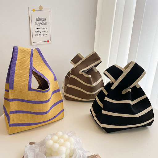 Title 5, All-matching striped wool knitted handbag perfe...