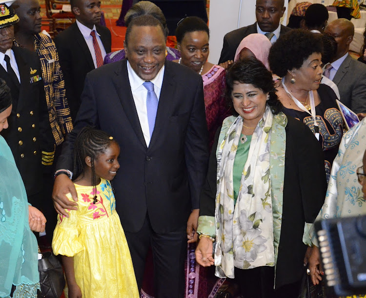 President Uhuru Kenyatta with former president of Mauritius Ameenah Gurig and Aicha Thiaw from Senegal