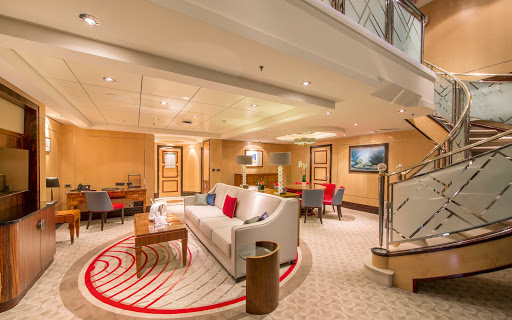 The living area of the elegant two-level Duplex suite on Queen Mary 2. 