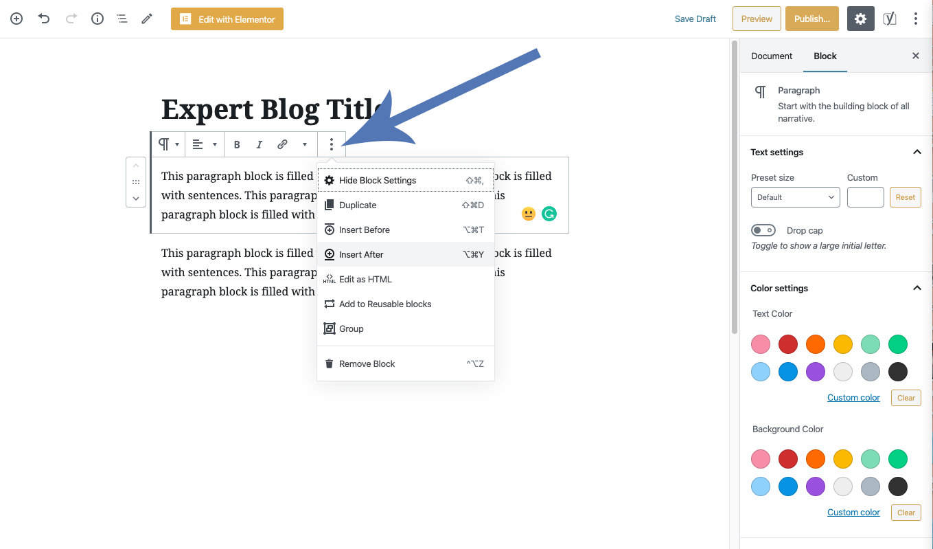 Screenshot demonstrating various block setting in each the WordPress block builder