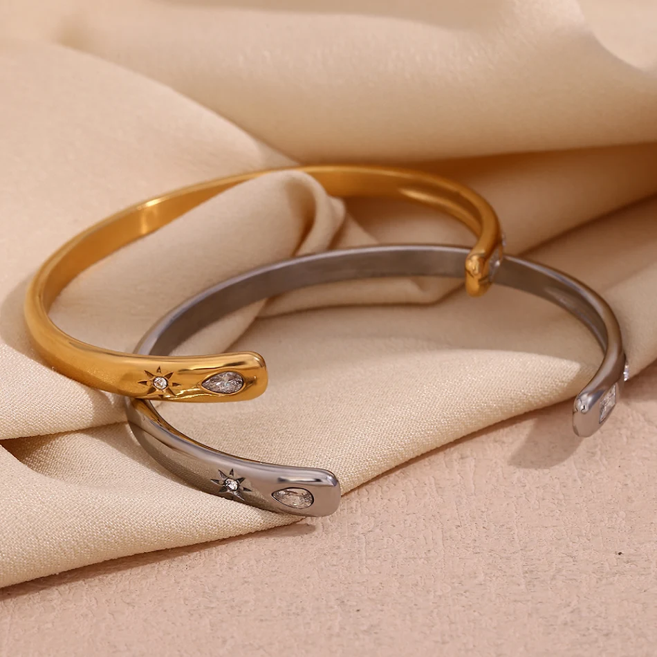 18K RVS verguld waterdruppel rechthoek ster ronde diamant zirkonia armband. Subtiele damesarmband met sprankeling.