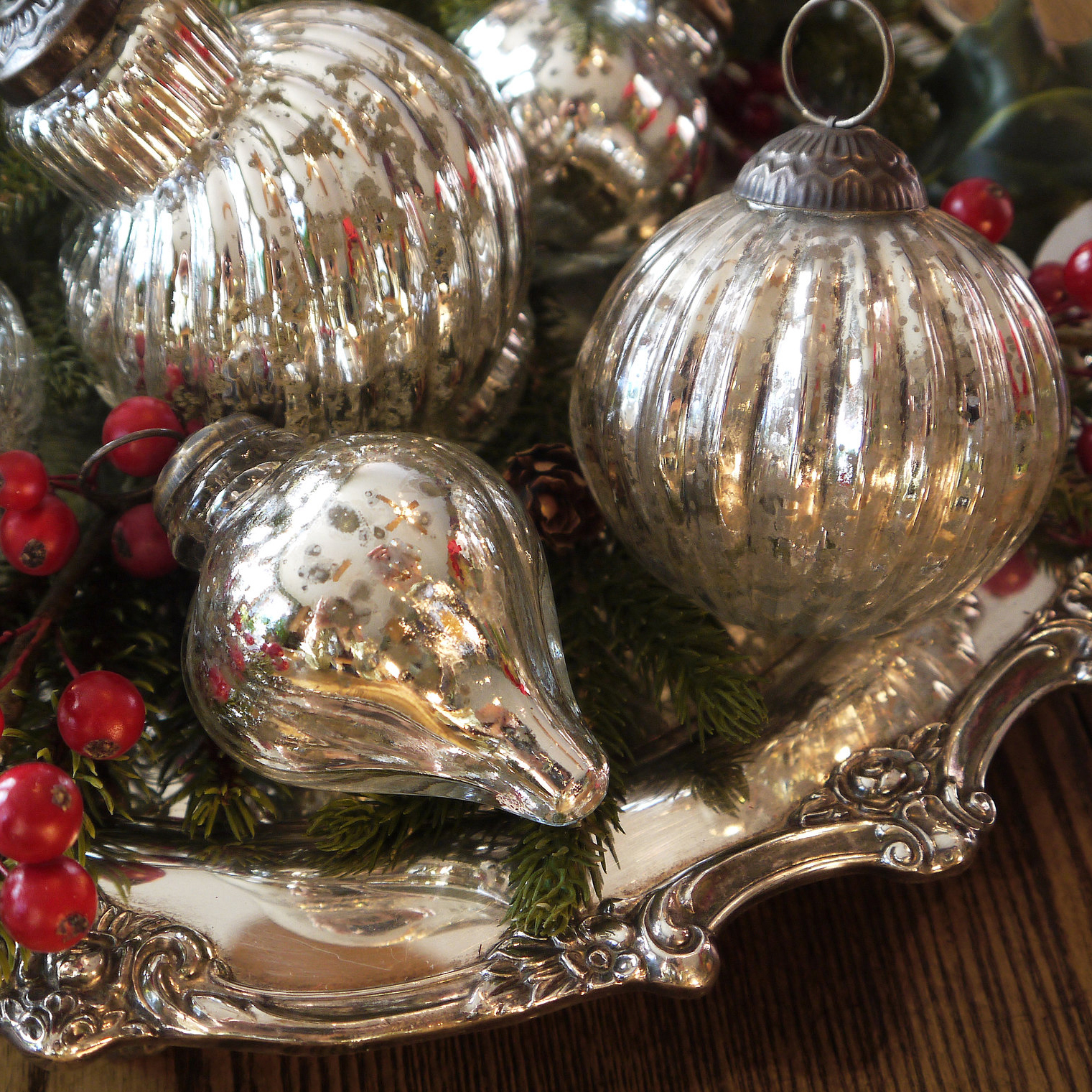 mercury glass ornaments on silver tray