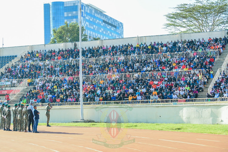 Some of the residents and recruits during the NYS recruitment at the Nyayo stadium in Nairobi on February 9, 2024.