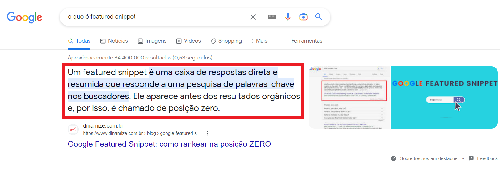 Na imagem, mostramos o resultado de pesquisa da palavra-chave "o que é featured snippet", mostrando um trecho de parágrafo que resume e responde a palavra-chave pesquisada