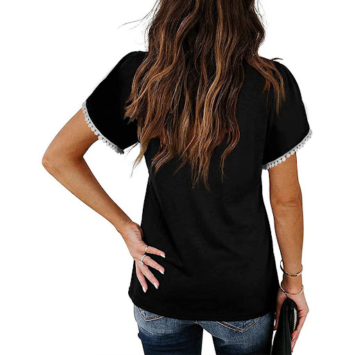 Title 6, V-neck Lace Short-sleeved Shirt Loose Color Cot...