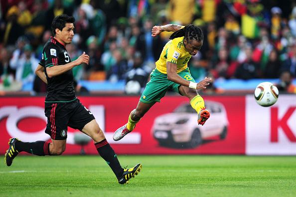 Siphiwe Tshabalala of South Africa scores the first goal of the 2010 FIFA World Cup during a Group A match against Mexico at Soccer City Stadium on June 11, 2010 in Johannesburg, South Africa.