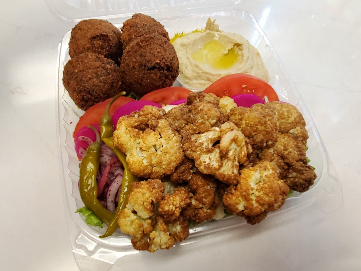 Veggie Combo Featured here w/GF Falafel, Hummus & Fresh Fried Cauliflower