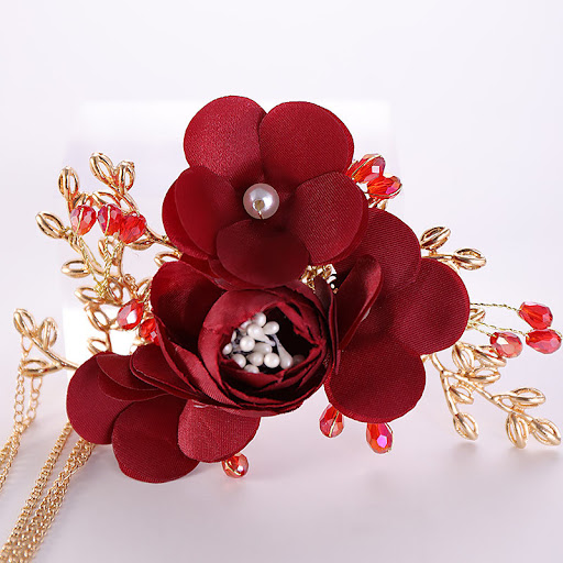 Title 3, Bridal fabric headdress red flowers Chinese hai...