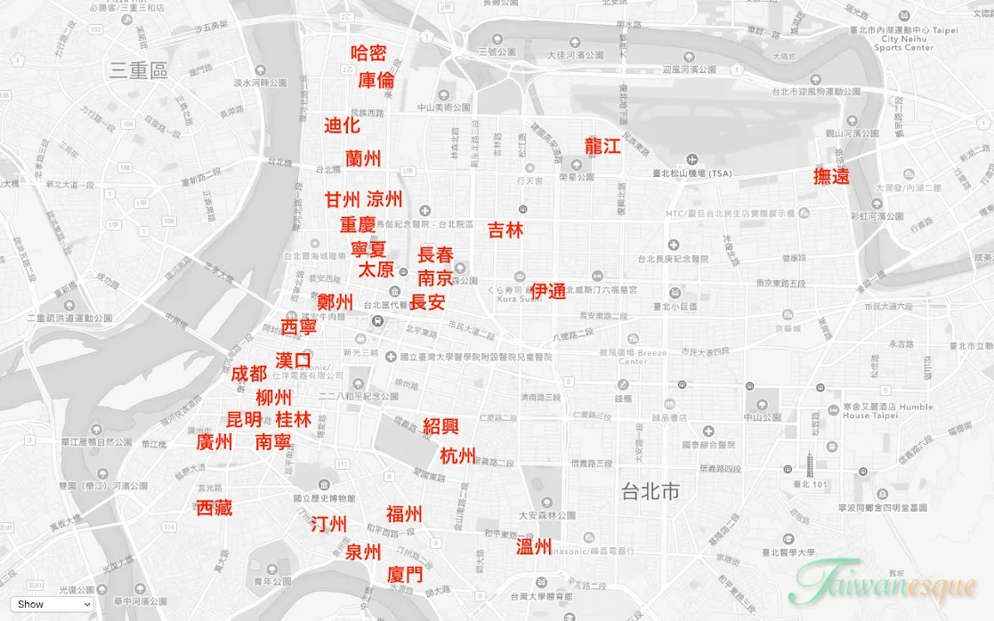 台北市内中心部の通りの名前の地図