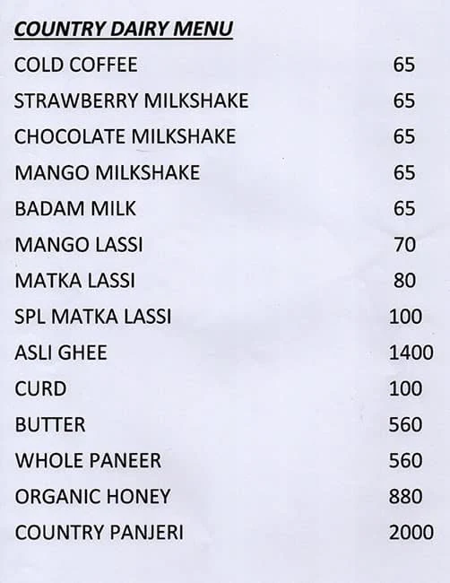 Country Dairy menu 