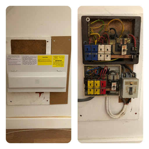 A before and after shot of a consumer unit combination and upgrade in Tunbridge Wells