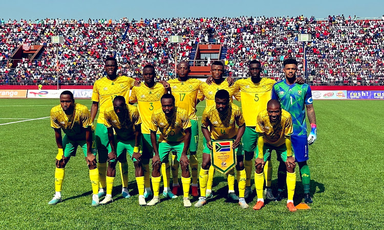 Bafana Bafana line up for the team photo ahead of the 2023 Africa Cup of Nations qualifier against Liberia at Samuel Kanyon Doe Stadium in Monrovia, Liberia, on Tuesday.