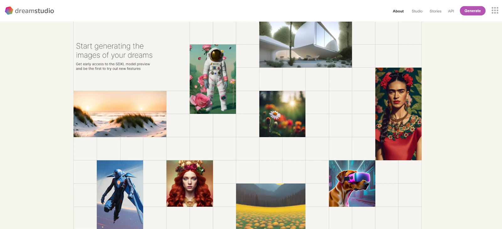 The DreamStudio AI image generator homepage.