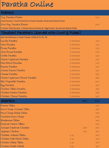 Paratha Online menu 