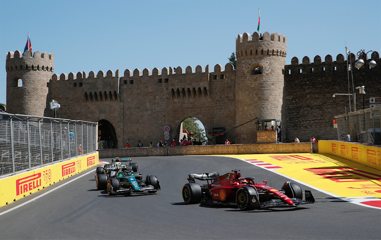 Ferrari's Charles Leclerc, Aston Martin's Sebastian Vettel and Mercedes' Lewis Hamilton during practice ahead of this weekend's Azerbaijan Grand Prix