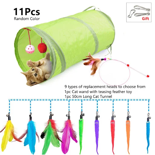 11pcs Cat Toys Set Cat Feather Toys Retractable Cat Wand Refill Interactive Kitten Tunnel Toys for Indoor Cat Make Exerc