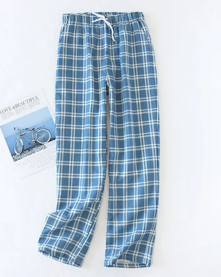 Men's Cotton Gauze Trousers Plaid Knitted Sleep Pants Wom... - 1