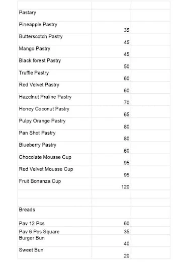 Shalu Bakers menu 