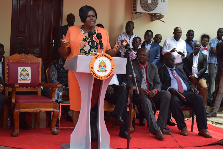 Homa Bay Governor Gladys Wanga during swearing-in of executive committee members at her offices in Homa Bay town on November 7.