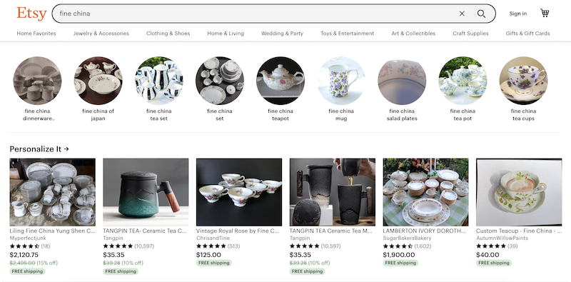 Etsy home page