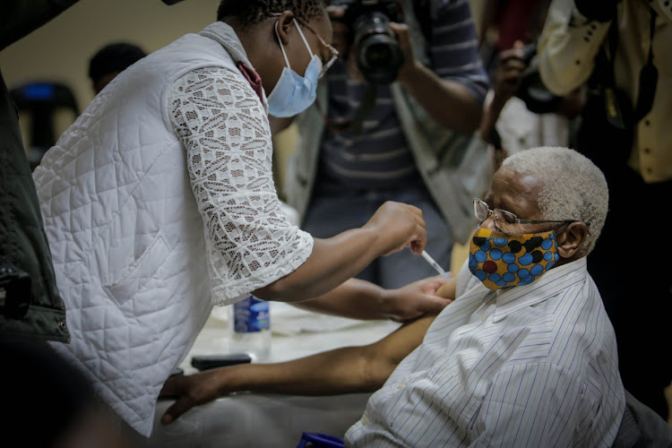 Senior citizen, Samuel Majenge (79) vaccinated at the Munsieville Care for the Aged in Krugersdorp as phase 2 of the vaccine rollout kicked off on May 17 2021.